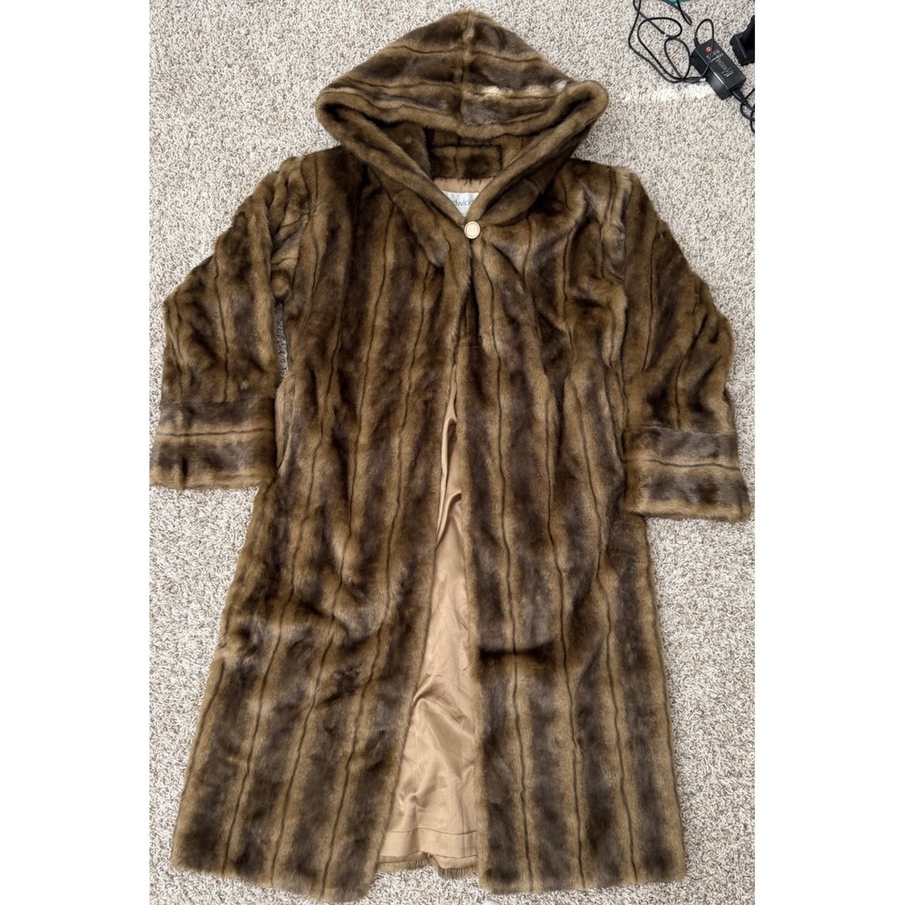 VTG Faux Fur Mink Long Coat Hooded Women's S Chadwick's Cape Button Stripe 90s